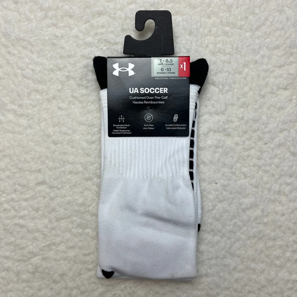 Under Armour UA Soccer Cushioned Over-The-Calf Socks White‎ Black Mens 7-8.5 NEW